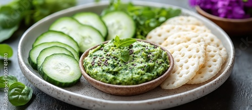 A plate featuring green dip, cucumber slices, herbs, and crispy snacks, ideal for snacking.