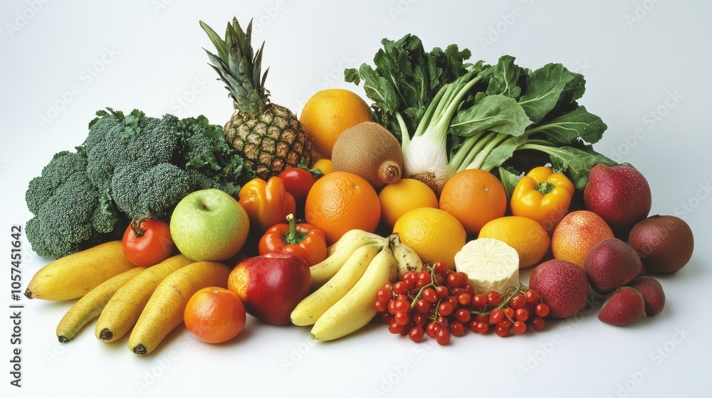 Assortment of fruits and vegetables high in vitamins on a clean kitchen surface, highlighting fresh, nutrient-packed choices. Assortment of fruits and vegetables high in vitamins on a clean kitchen surface, highlighting fresh, nutrient-packed choices.