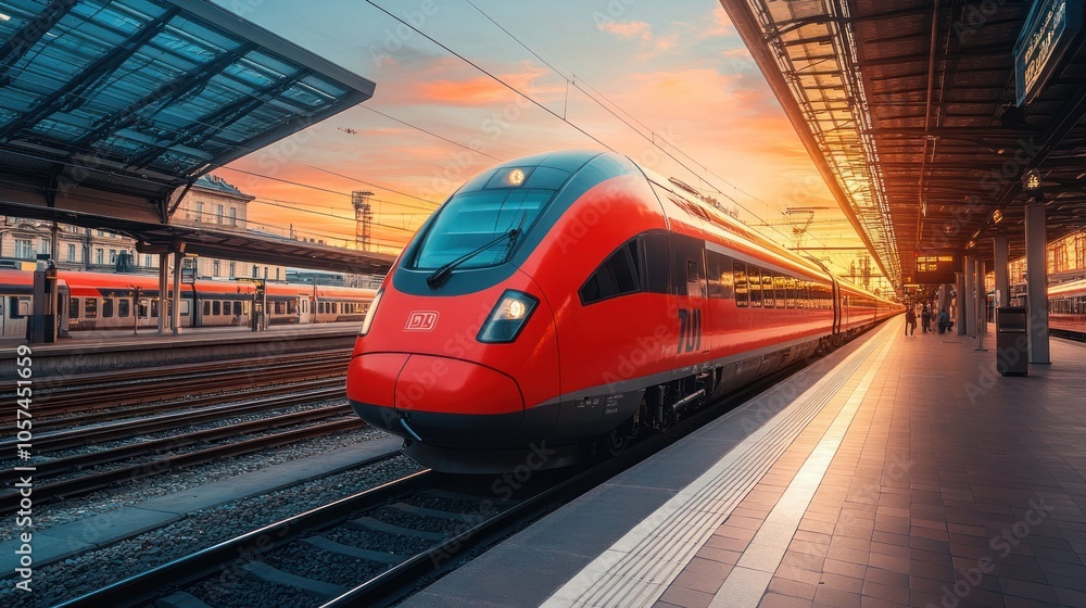 Red Train Arriving at a Railway Station at Sunset Red Train Arriving at a Railway Station at Sunset