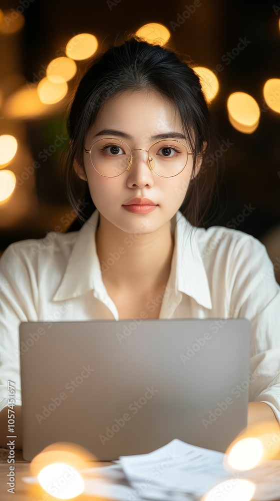 A young Asian businesswoman working late at her desk, focused on her laptop with papers and reports spread around, symbolizing dedication A young Asian businesswoman working late at her desk, focused on her laptop with papers and reports spread around, symbolizing dedication