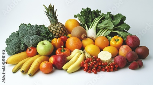 Assortment of fruits and vegetables high in vitamins on a clean kitchen surface, highlighting fresh, nutrient-packed choices.