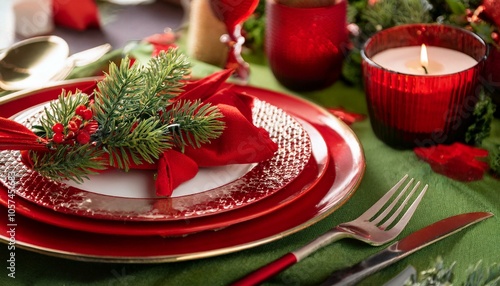 Elegant holiday dining setup featuring red and green decor with festive tableware  photo