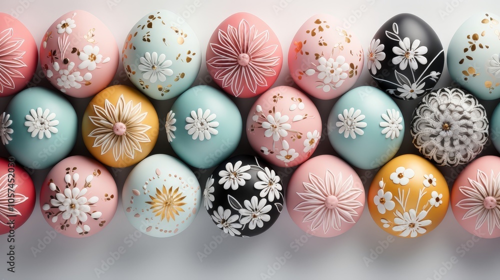 A festive arrangement of intricately decorated eggs showcasing a vibrant array of floral motifs, delicate lace patterns, and subtle gold accents, creating a whimsical and elegant display. A festive arrangement of intricately decorated eggs showcasing a vibrant array of floral motifs, delicate lace patterns, and subtle gold accents, creating a whimsical and elegant display.