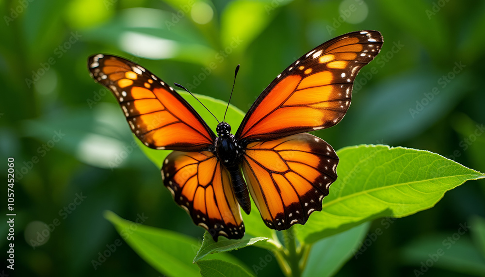 Fototapeta premium Close-up of a rare butterfly resting on green leaves with vibrant colors and intricate details