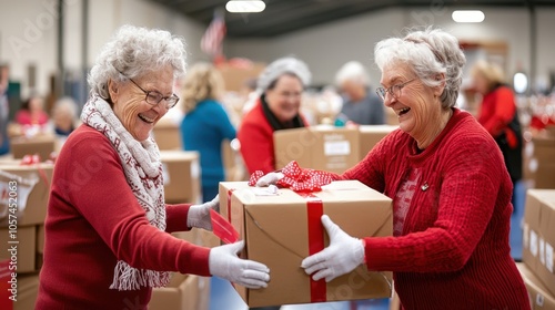 Senior Women Sharing Holiday Cheer with Gift Exchange