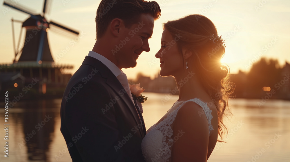Romantic Wedding Couple Embracing by the Water at Sunset with Iconic Dutch Windmill in Background, Love and Serenity in Golden Hour Romantic Wedding Couple Embracing by the Water at Sunset with Iconic Dutch Windmill in Background, Love and Serenity in Golden Hour