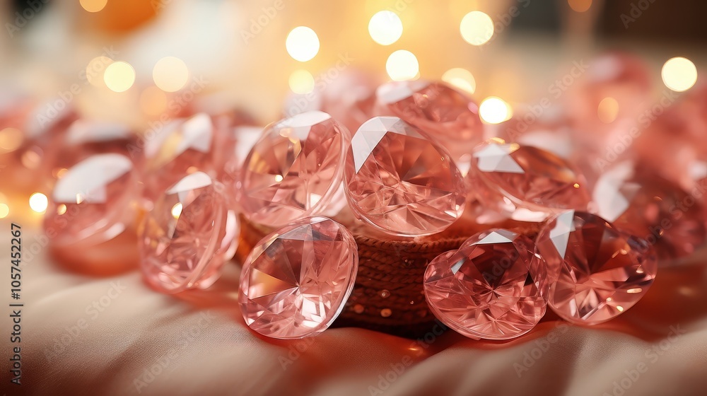 A cluster of rose-cut crystals, each with intricate facets, glistens under the soft glow of warm, diffused light, creating a captivating display of subtle shimmer and delicate color. A cluster of rose-cut crystals, each with intricate facets, glistens under the soft glow of warm, diffused light, creating a captivating display of subtle shimmer and delicate color.