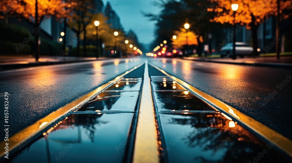 A low angle perspective of a wet asphalt road with yellow lines reflecting street lights in puddles after a rain shower A low angle perspective of a wet asphalt road with yellow lines reflecting street lights in puddles after a rain shower