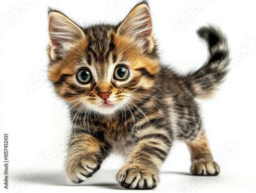 Playful tabby kitten chasing its tail on a solid white background, fun and active photo