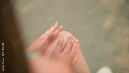 Wallpaper Mural Partial view of lady seated outdoors on wooden bench with leg crossed, gently tapping knee with her hands, subject is softly illuminated by sunlight, with blurred background Torontodigital.ca