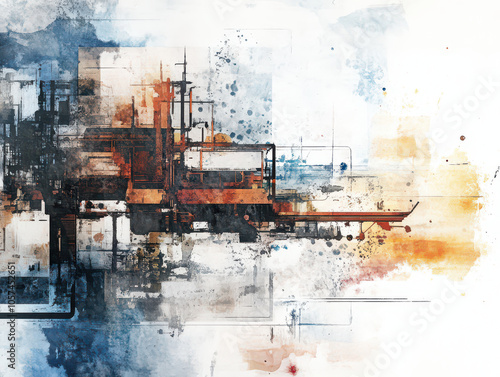 Abstract geometric art with bold strokes and vibrant colors, blending orange, blue, and white.