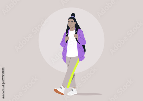 Sporting vibrant clothes and a chic backpack, a young character strolls through a soft pastel backdrop, capturing the essence of modern streetwear and youthful enthusiasm