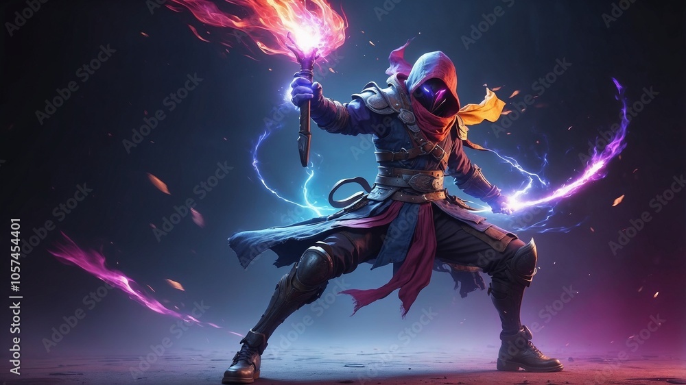 Mysterious hooded warrior with magical weapons Mysterious hooded warrior with magical weapons
