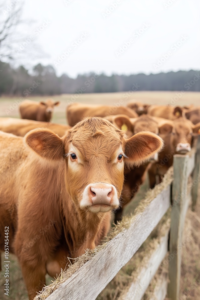 A curious brown cow looks over a fence in a rural field, surrounded by a quiet countryside A curious brown cow looks over a fence in a rural field, surrounded by a quiet countryside