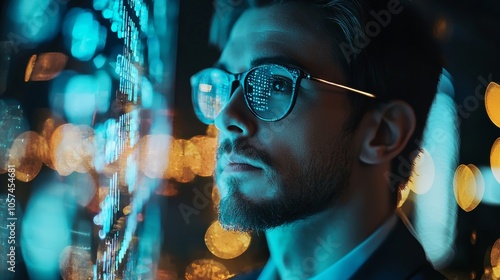 Man reflecting on data display with bokeh in background