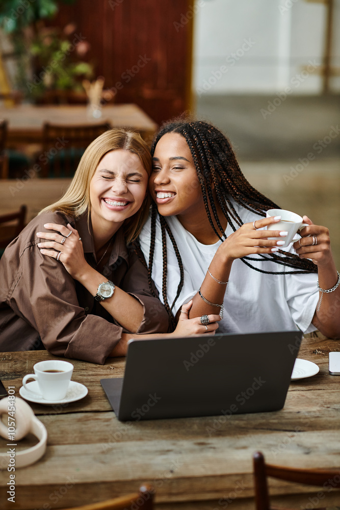 Two women share a heartfelt moment at a cafe, laughing and embracing over their coffee. Two women share a heartfelt moment at a cafe, laughing and embracing over their coffee.