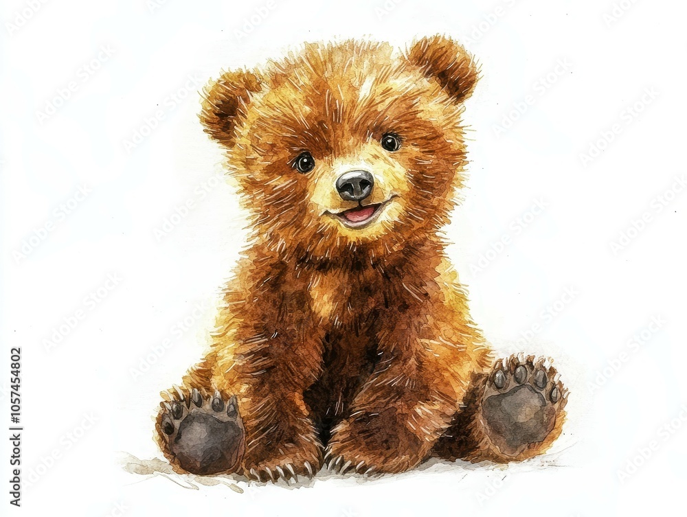 Charming Fluffy Bear Cub Sitting in Watercolor Art Charming Fluffy Bear Cub Sitting in Watercolor Art