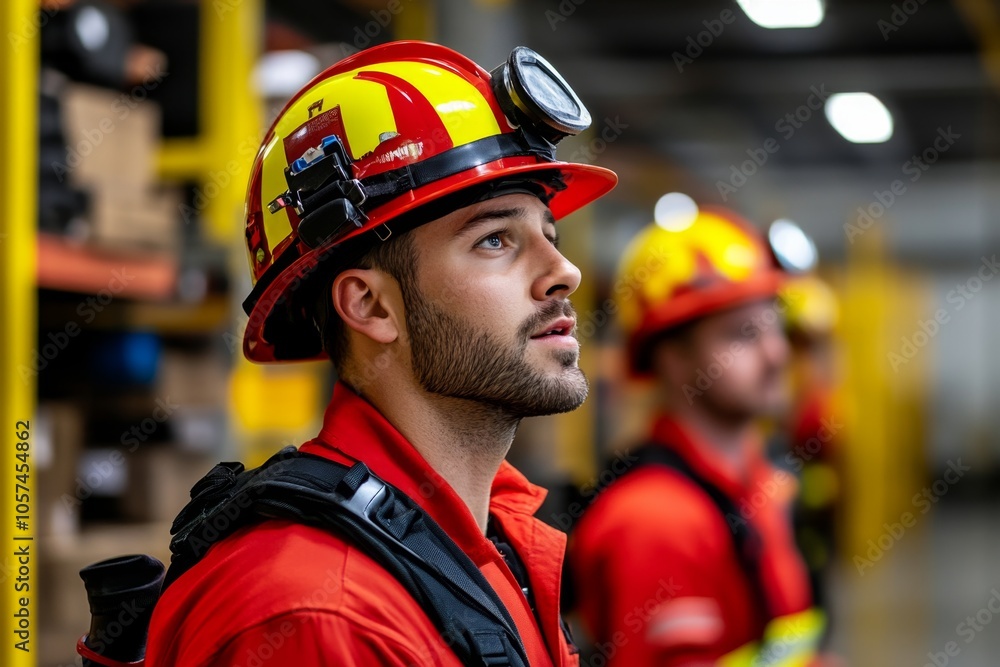 Fire drill in an industrial warehouse with workers following exit signs, highlighting the importance of preparedness and safety drills, symbolizing organization and security Fire drill in an industrial warehouse with workers following exit signs, highlighting the importance of preparedness and safety drills, symbolizing organization and security