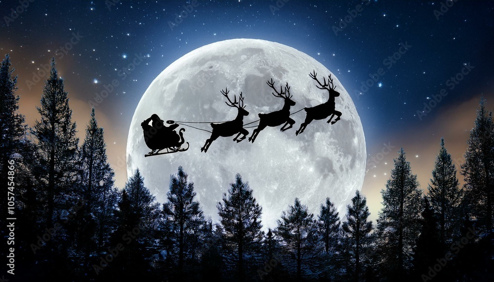 Fototapeta premium A silhouette of reindeer flying with Santa Claus in a sleigh against a full moon and starry sky over a forest of pine trees 