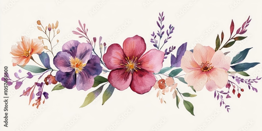 Fototapeta premium A set of floral elements created in watercolor, showcasing various flowers and designs, perfect for artistic projects and crafting with a beautiful, colorful touch.