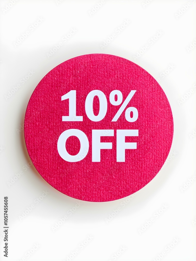 White '10% OFF' Text on a Magenta Round Paper Note. White Background White '10% OFF' Text on a Magenta Round Paper Note. White Background