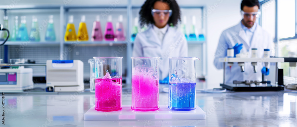 Fototapeta premium Scientists Conducting Colorful Experiments in Laboratory