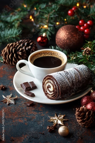 New Year's chocolate roll on the table. Selective focus