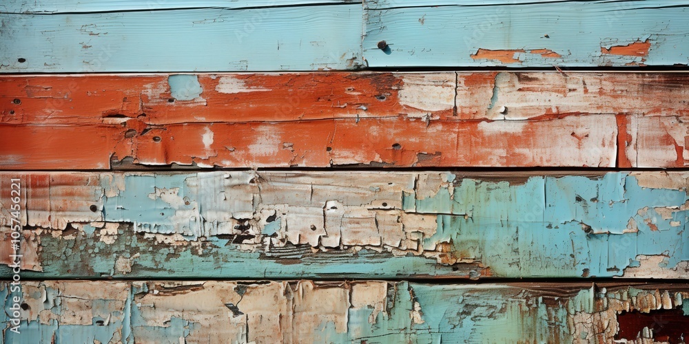 A weathered wood surface with layers of faded blue, orange, and beige paint, revealing the wood grain beneath A weathered wood surface with layers of faded blue, orange, and beige paint, revealing the wood grain beneath