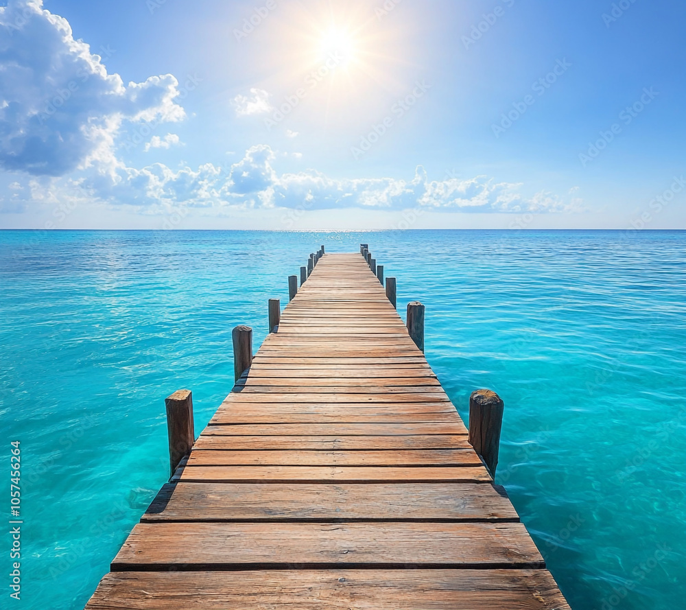 Fototapeta premium A wooden pier is in front of a beautiful blue ocean. The sky is cloudy, but the water is calm and clear.