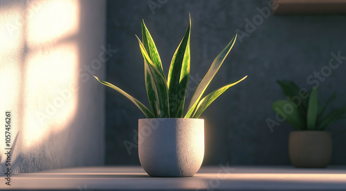 Plantador minimalista com design elegante que abriga planta cobra, adicionando um toque de vegetação ao espaço interior. Folhas vibrantes realçam a luz natural no ambiente photo