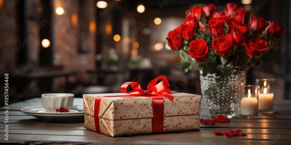 Romantic Gift Box with Red Roses and Candles on a Wooden Table Romantic Gift Box with Red Roses and Candles on a Wooden Table