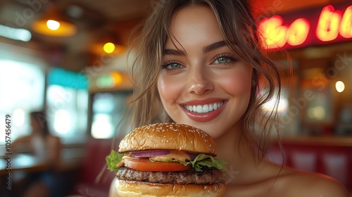 A smiling woman holds a burger in a vibrant diner setting, showcasing food enjoyment.