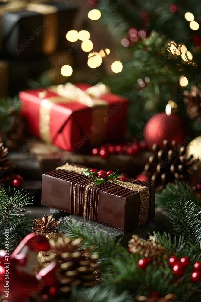 New Year's chocolate roll on the table. Selective focus New Year's chocolate roll on the table. Selective focus
