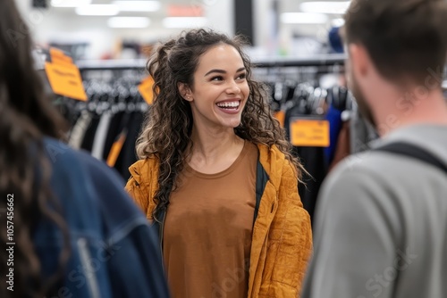 A young woman joyfully interacts with others while shopping in a lively clothing store, wearing a yellow jacket and surrounded by collections of clothing.