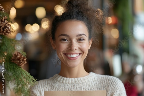 A young woman, warmly smiling in a cozy setting adorned with festive decor, holds a shopping bag, creating a joyful and inviting ambiance. photo