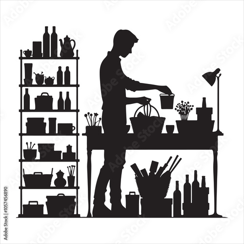 Black silhouette of a grocer weighing products on a white background