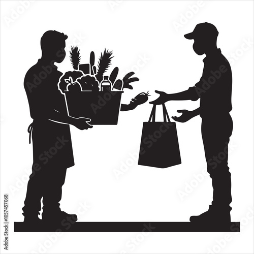 Black silhouette of a grocer weighing products on a white background
