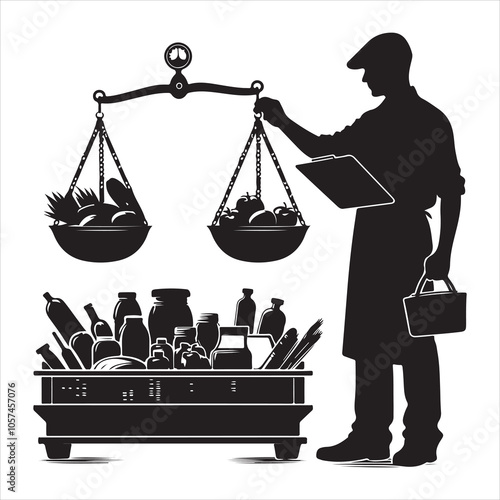 Black silhouette of a grocer weighing products on a white background