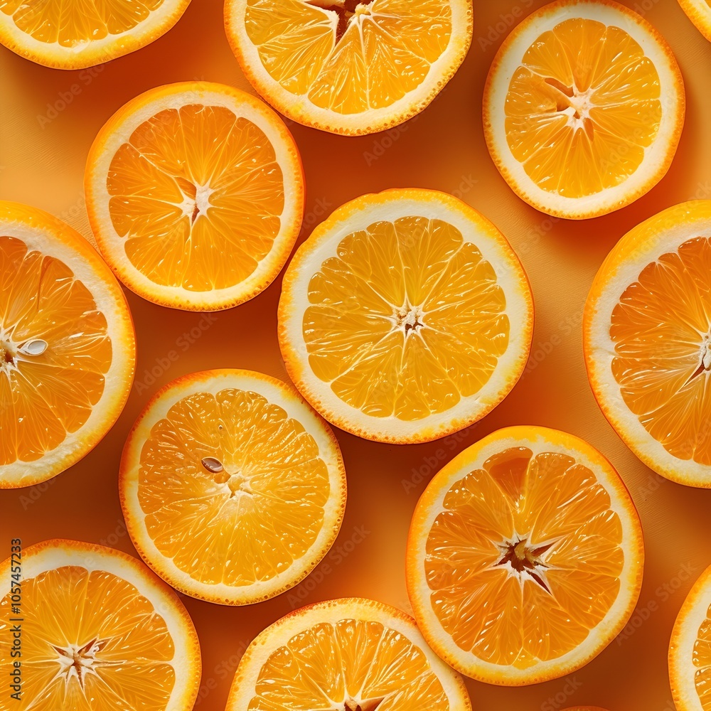 Vibrant Orange Slices Arranged in Repeating Pattern on Bright Background Vibrant Orange Slices Arranged in Repeating Pattern on Bright Background