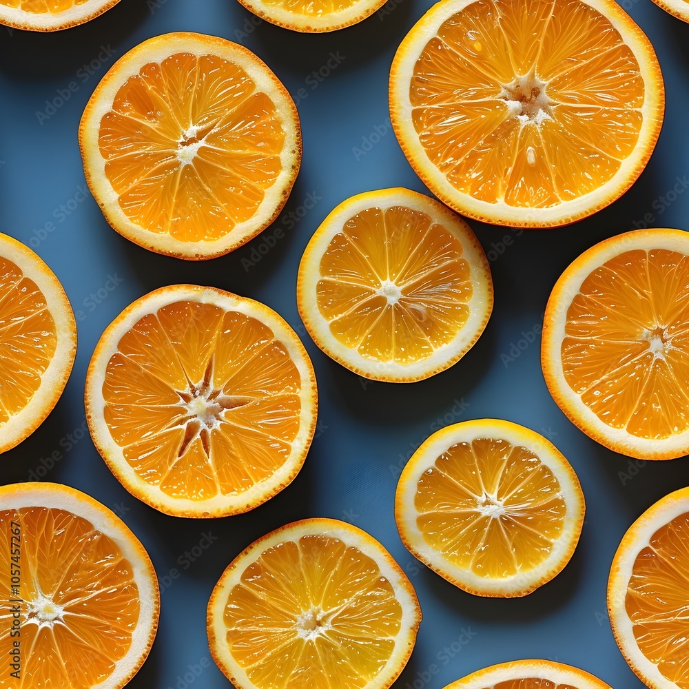 Vibrant Orange Citrus Slices Forming Geometric Pattern on Bright Cyan Background Vibrant Orange Citrus Slices Forming Geometric Pattern on Bright Cyan Background