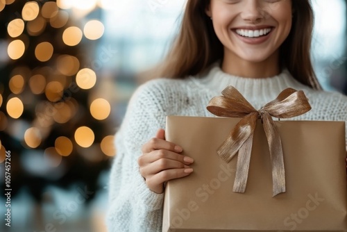 A woman in a cozy sweater beams as she holds a beautifully wrapped present, set against a background of festive lights, capturing the joy of giving during holidays.