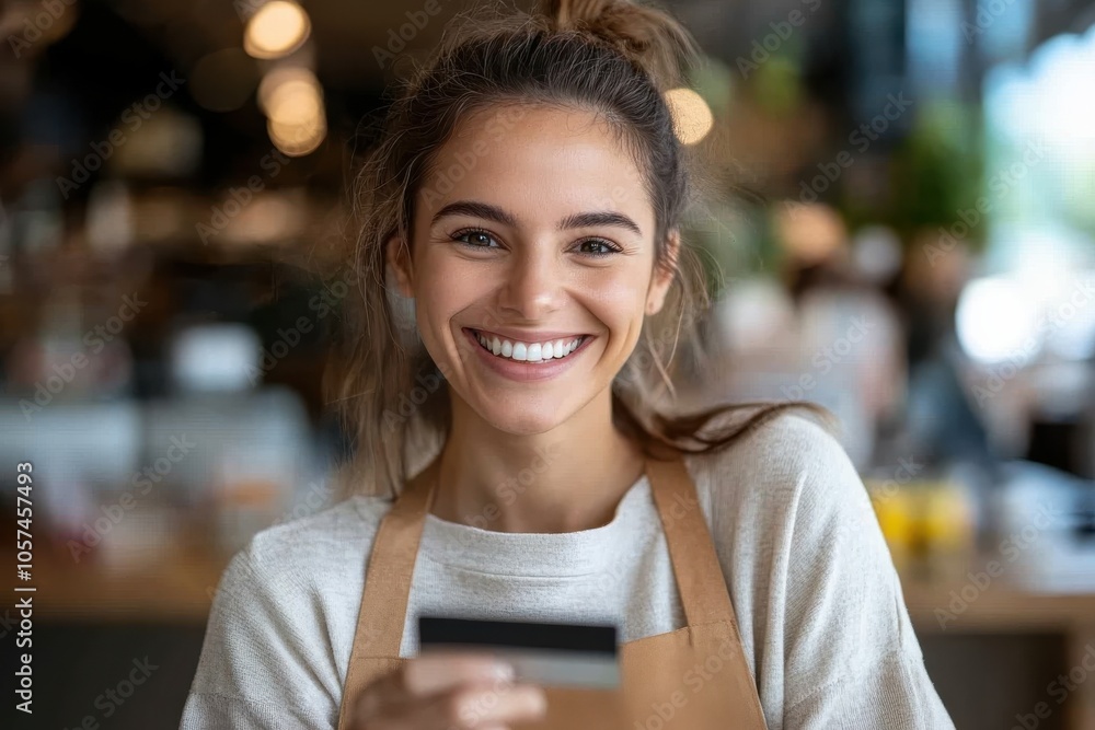 A cheerful barista with her hair in a bun smiles happily as she holds a credit card, ready to assist in a vibrant, welcoming café environment full of light. A cheerful barista with her hair in a bun smiles happily as she holds a credit card, ready to assist in a vibrant, welcoming café environment full of light.