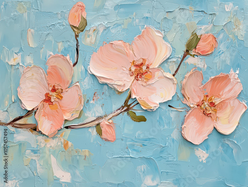 A close-up oil painting of delicate pink flowers against a blue background.