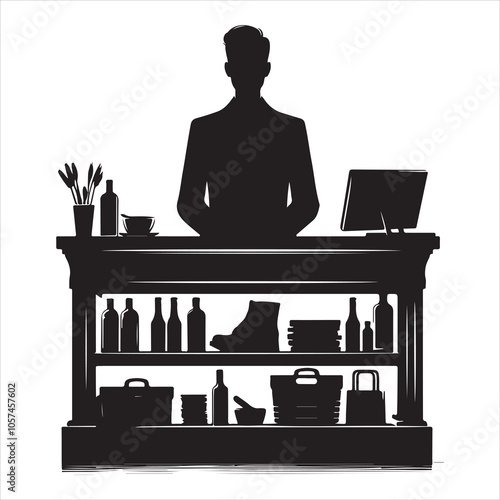 Black silhouette of a grocer weighing products on a white background