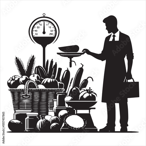 Black silhouette of a grocer weighing products on a white background