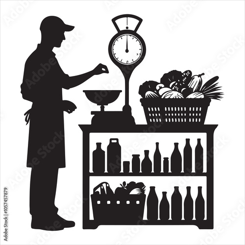 Black silhouette of a grocer weighing products on a white background