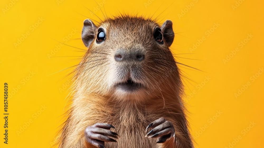 Small capybara with a comically surprised face, big eyes and tiny paws raised, against a bright orange background, joyful and dynamic Small capybara with a comically surprised face, big eyes and tiny paws raised, against a bright orange background, joyful and dynamic