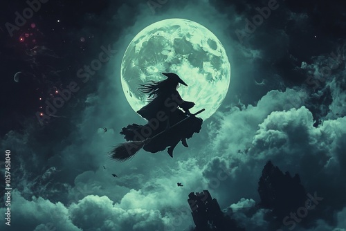 Witch Flying on Broomstick Under Full Moon - AI generated illustration