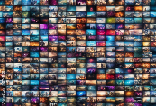 Multimedia Streaming Wall with Colorful Vibrant Channel Images Abstract Entertainment Background