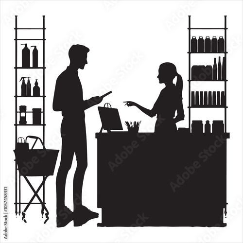 Black silhouette of a grocer weighing products on a white background